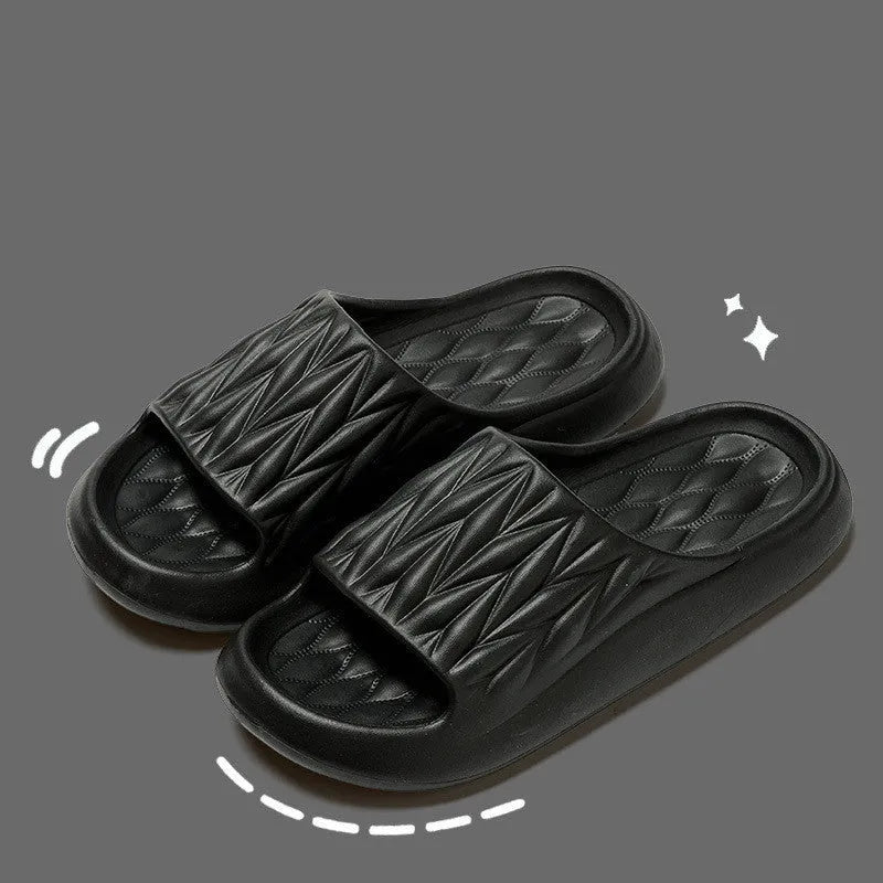 Leaf texture design EVA slippers for men and women in assorted colours on a white background.