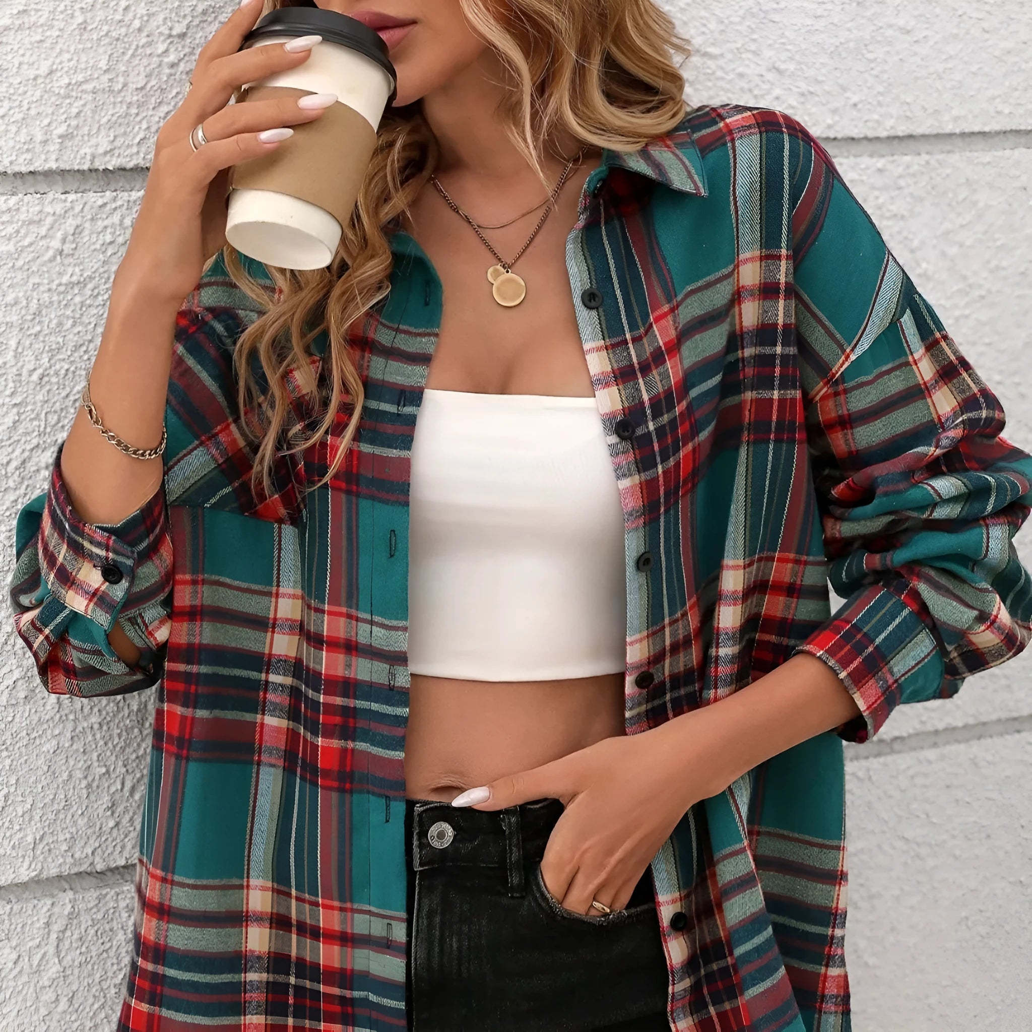 Women's loose fit plaid shirt in cotton fabric showing black, green and purple colour options
