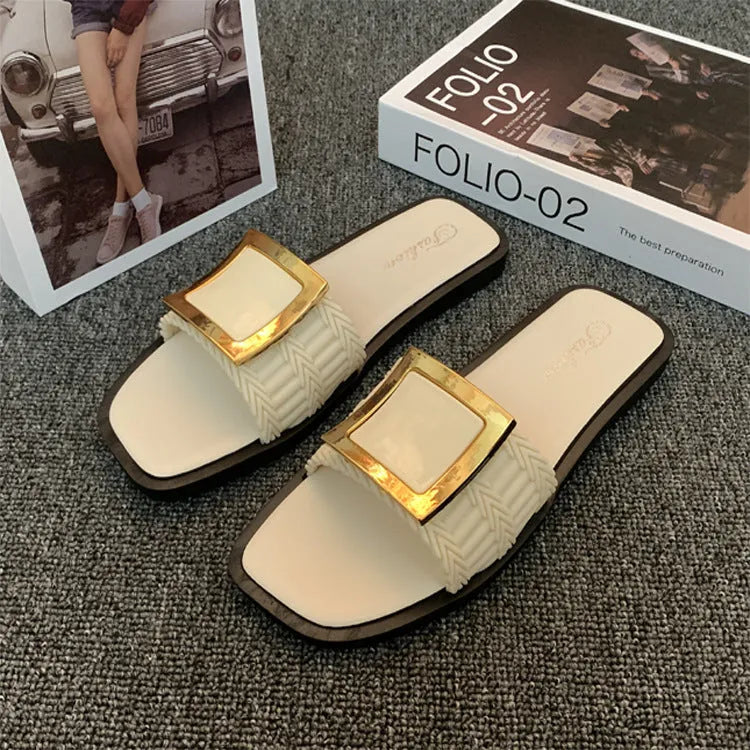 Women's casual flat summer slippers in apricot, black, or khaki with a PVC sole.