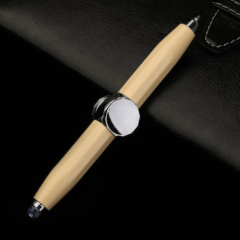 Metal ballpoint pen with integrated LED gyro spinner showing colour-changing lights during spinning