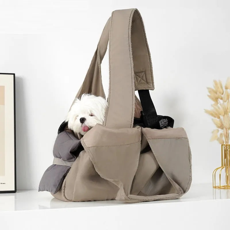 Apricot-coloured cloth pet handbag for small dogs measuring 41x16x28 cm
