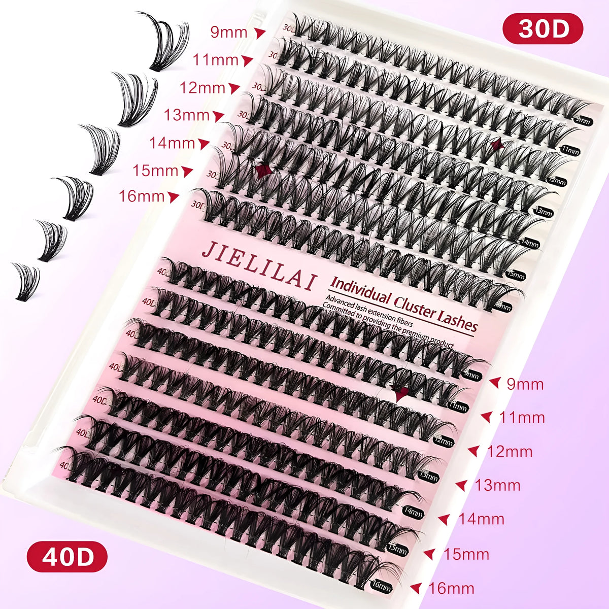 DIY cluster false eyelashes mixed package showing 30D and 40D high-grade fibre lashes and tweezers