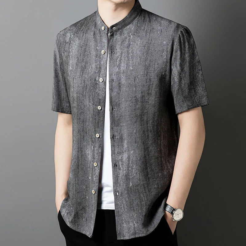 Men's loose fit cardigan shirt with stand collar in solid grey colour