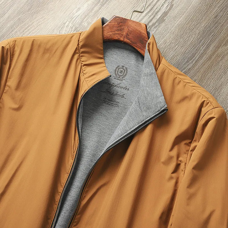 Men's stand collar casual jacket in polyester blend shown in army green colour.