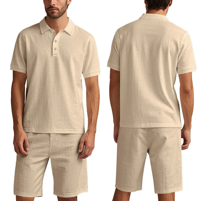 Men's linen blend shorts suit in apricot colour with short sleeves and casual fit