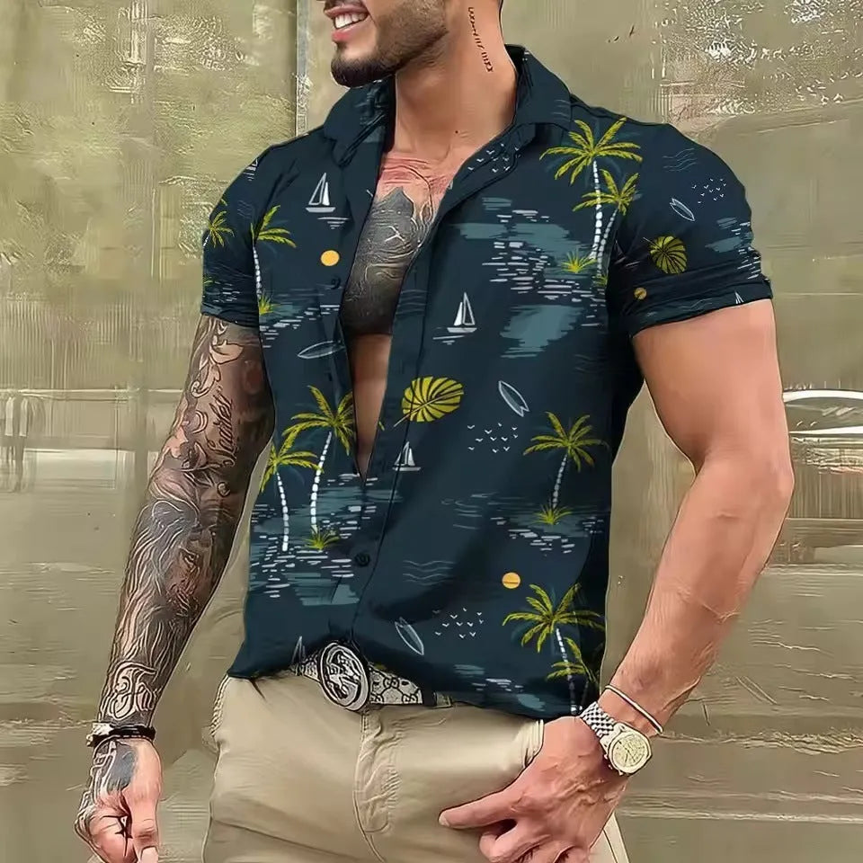 Man wearing a loose-fitting short sleeve shirt with a colourful floral pattern, cardigan style.
