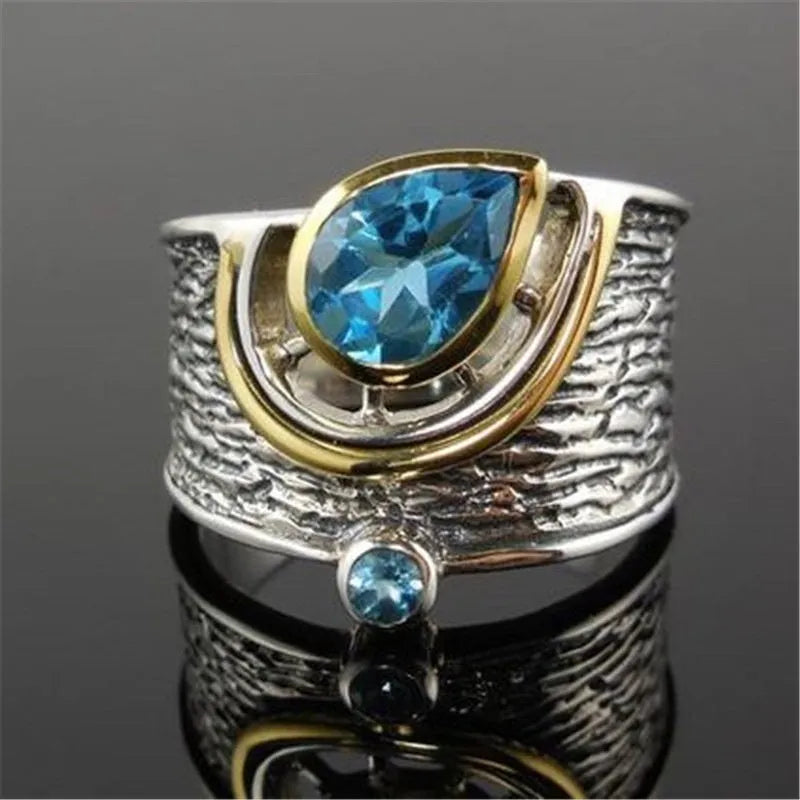 Blue Chinese style alloy ring with inlaid zircon stones in a drop shape, shown in size No.8.