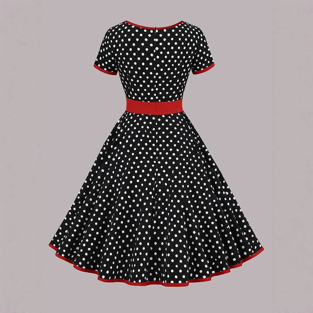 Women's polka dot pleated midi dress with square collar and front zipper closure
