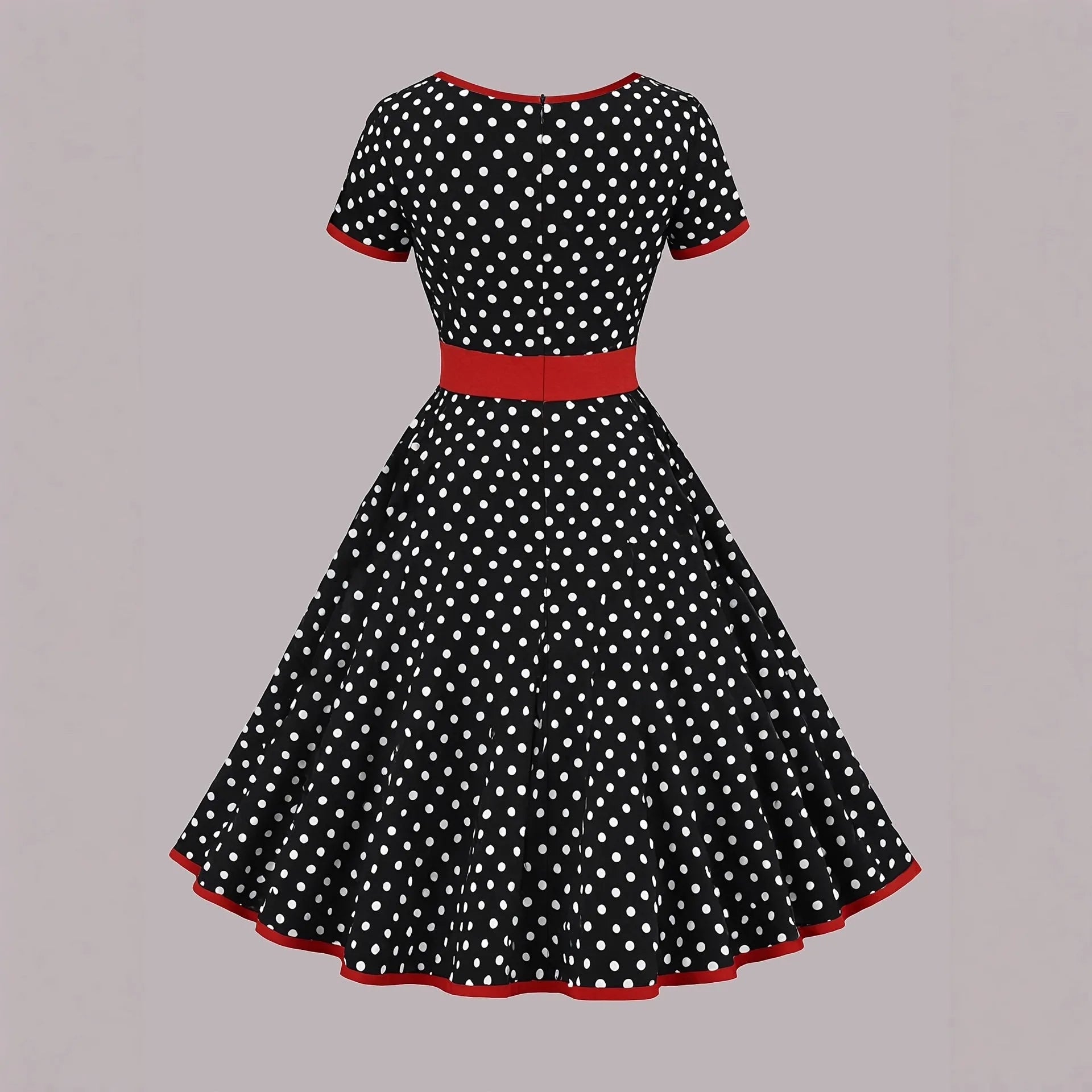 Women's polka dot pleated midi dress with square collar and front zipper closure