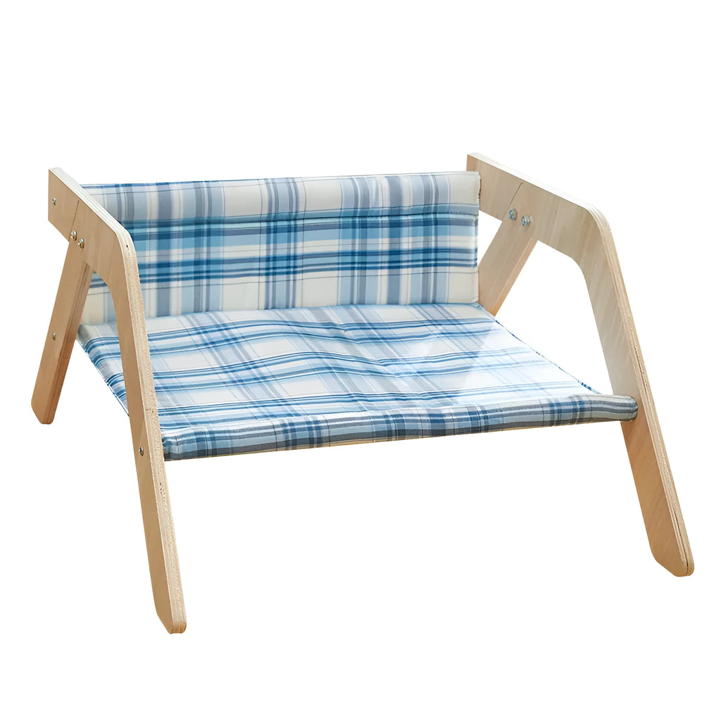 Wooden frame elevated cat bed hammock with soft cloth pad in blue colour