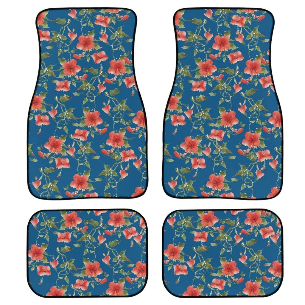 Black printed rubber car floor mat set showing front and rear pieces with textured surface.