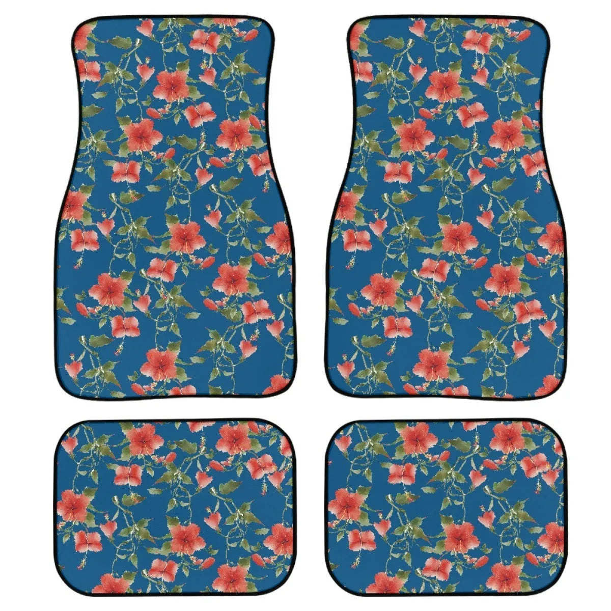 Black printed rubber car floor mat set showing front and rear pieces with textured surface.