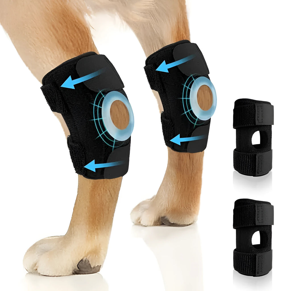 Black polyester dog leg guard or knee pad for ACL and joint support, shown in size L, M, and XL.