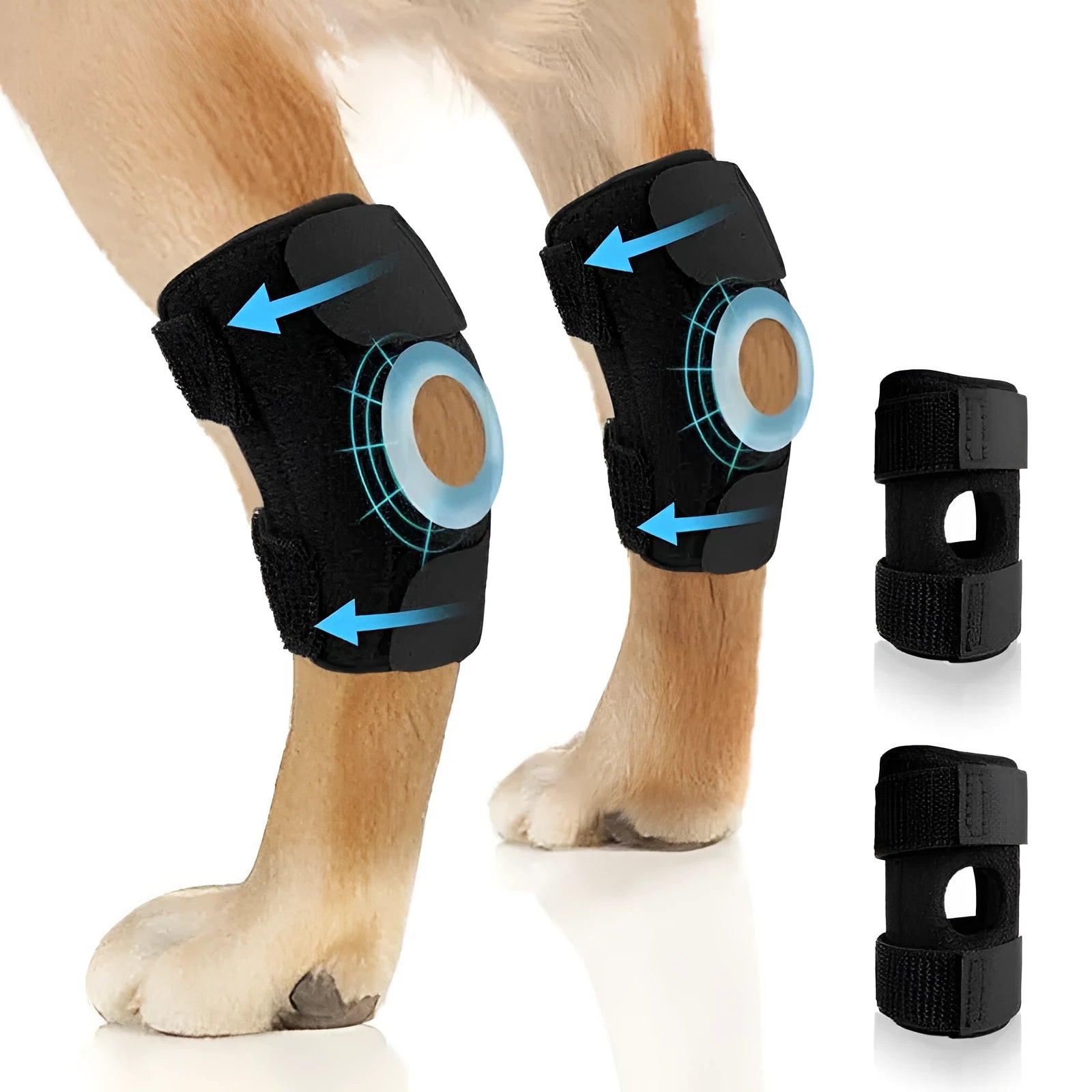 Black polyester dog leg guard or knee pad for ACL and joint support, shown in size L, M, and XL.