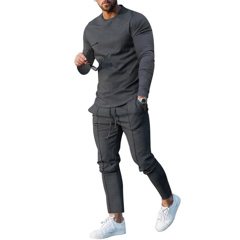 Men's solid colour polyester two-piece lounge set with long sleeve T-shirt and trousers