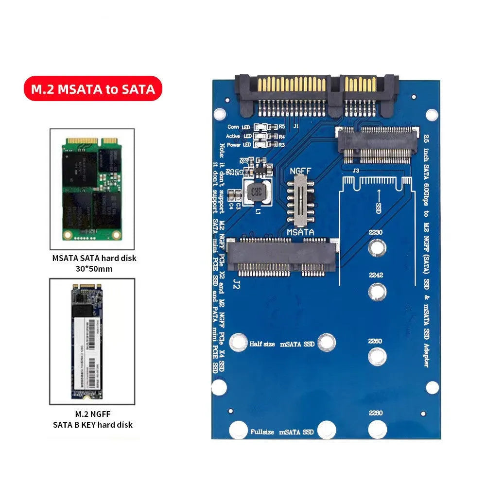 Black or blue SATA3 to M.2 NGFF MSATA SSD conversion card adapter with mounting holes for different SSD lengths