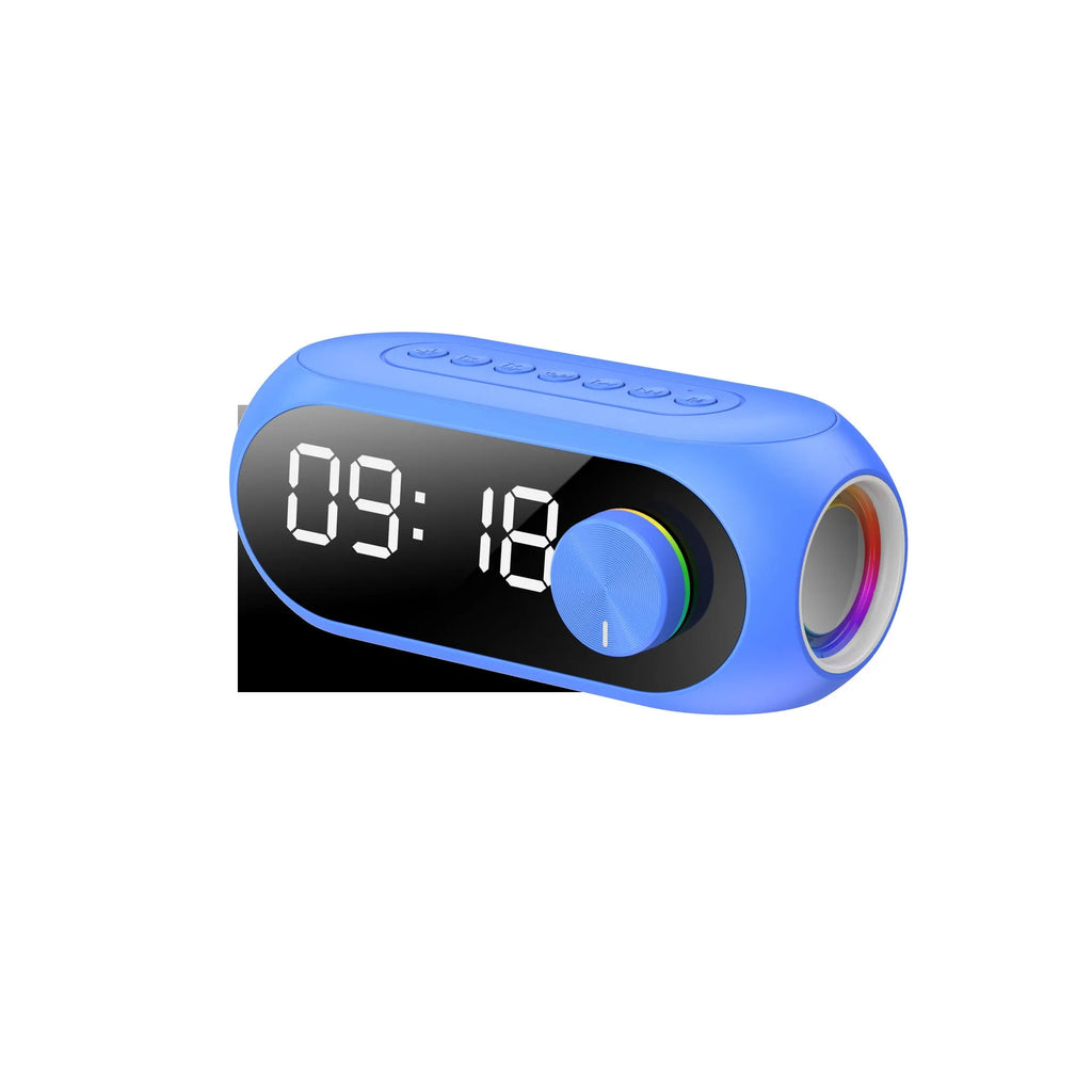 S8 Black portable mini clock and Bluetooth speaker with extra bass on a desk, connected via USB cable.