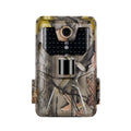 Outdoor Bluetooth hunting trail camera with camouflage finish and infrared LEDs for night vision.