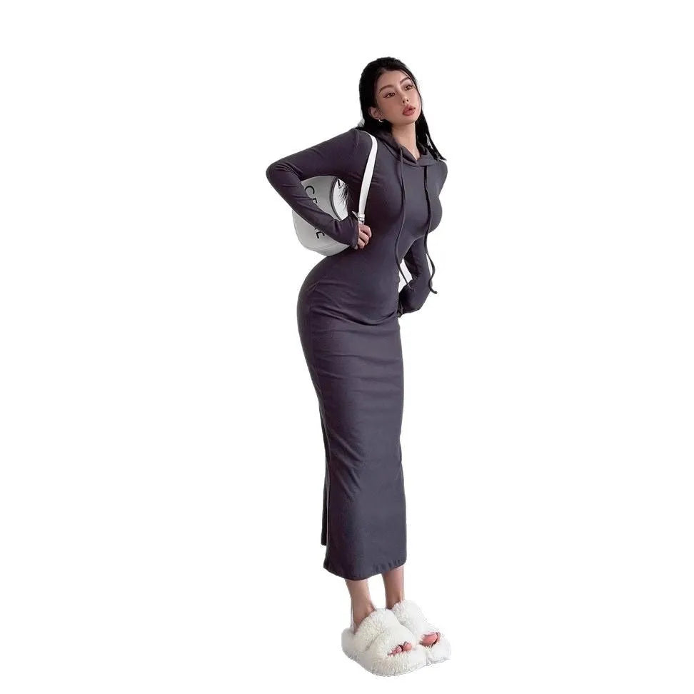 Women's long sleeve hooded sheath dress in polyester, shown in a neutral colour on a model.