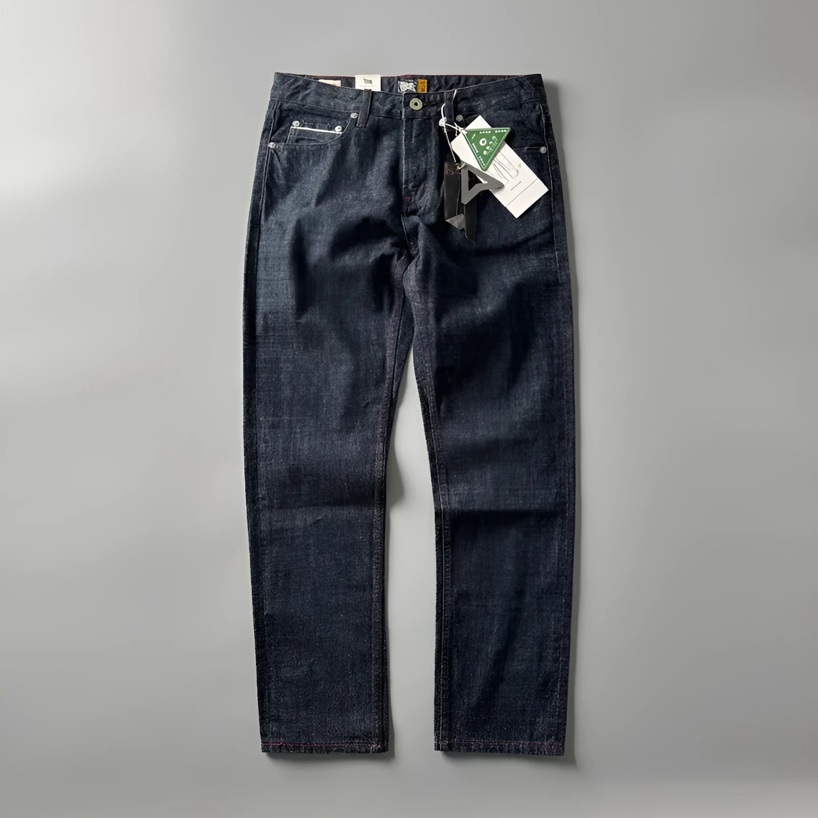 Men's straight-leg denim trousers in primary colour with mid-waist design and classic American retro styling