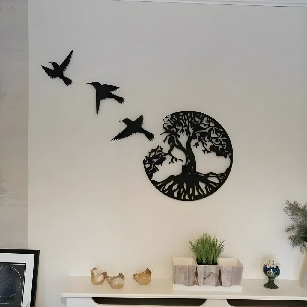 Black electroplated iron wall hanging ornament with modern simple design, shown with included hanging strap