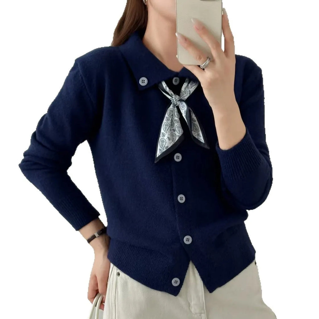 Lapel scarf sweater cardigan in acrylic fibre with built-in scarf detail