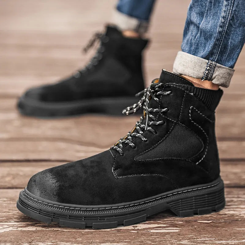 Men's vintage Martin boots in black with low thick heel and round toe
