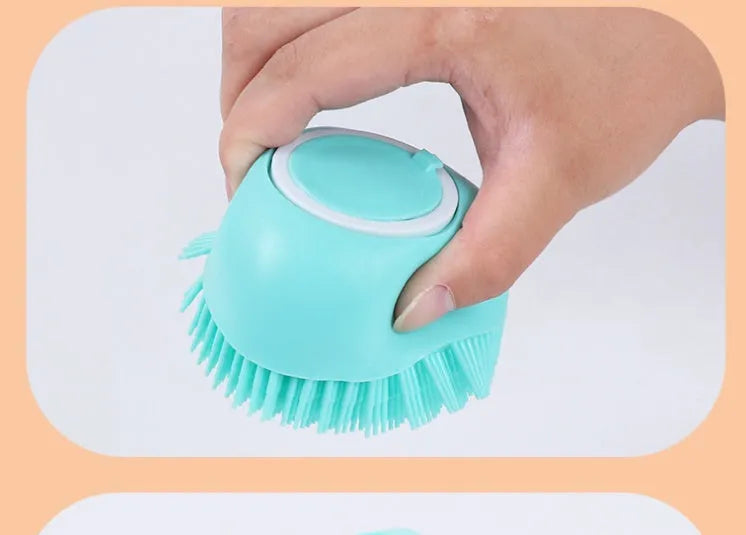 Silicone dog bath massage brush in blue, pink, and yellow colour options