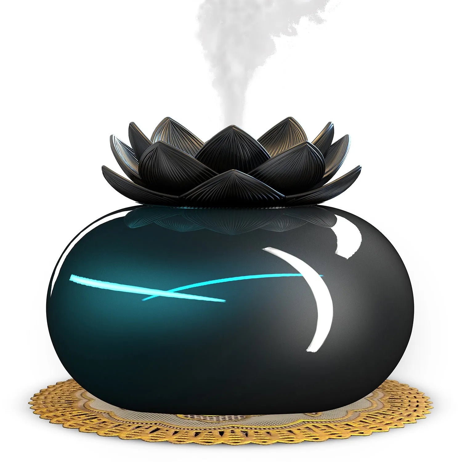 Pure black lotus aromatherapy humidifier with USB port and ceramic base