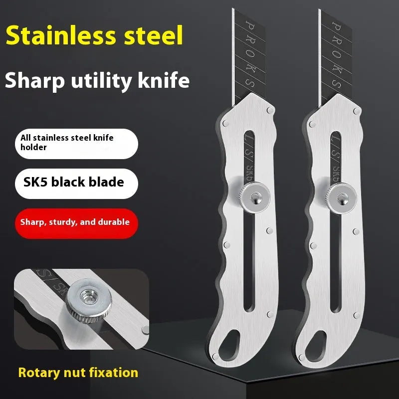 Stainless steel folding art knife with black blade and spare blades