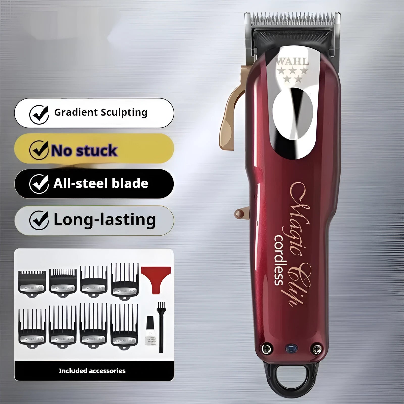 Charging hair clipper with stainless steel cutter head and three international plug adapters