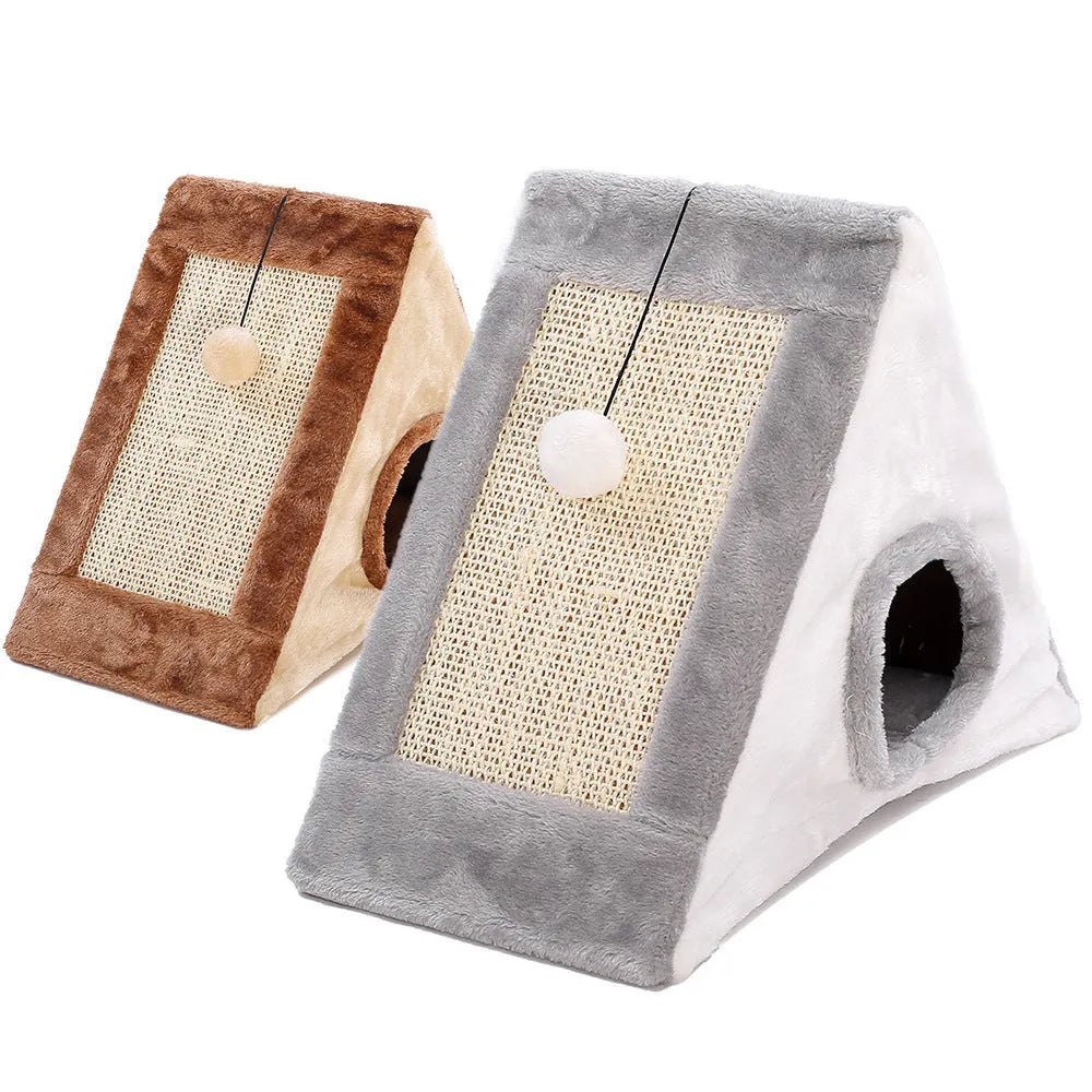 Triangular grey and white cat bed with sisal scratching posts on the sides.