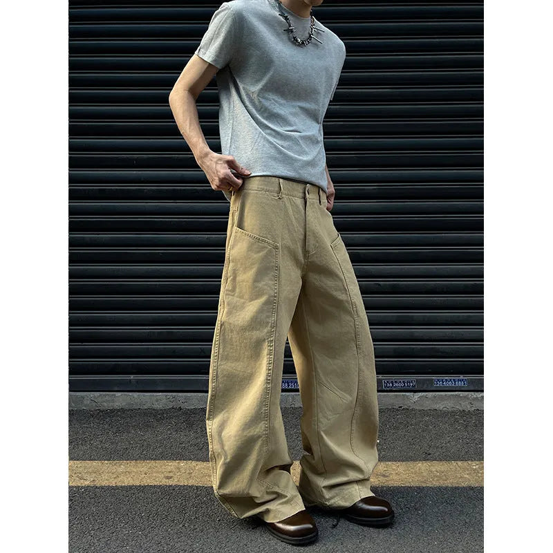 Men's khaki cotton straight-leg trousers in American retro style displayed flat