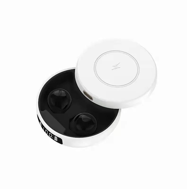 Mini semi-in-ear wireless headphones with charging case showing battery display in black or white