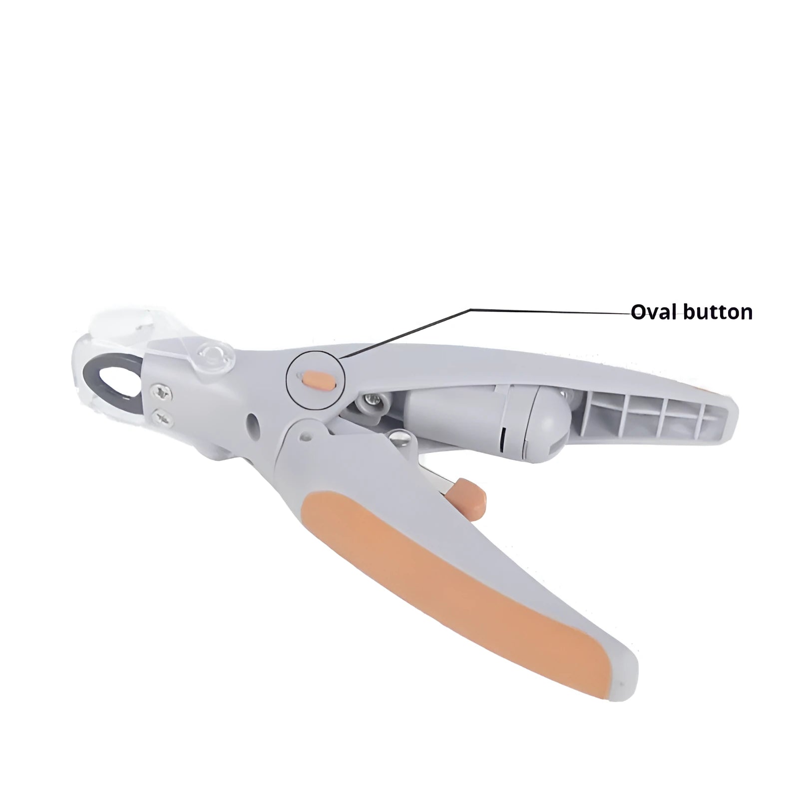 Dog nail clipper with LED light and imitation blood line guide, made from white ABS plastic
