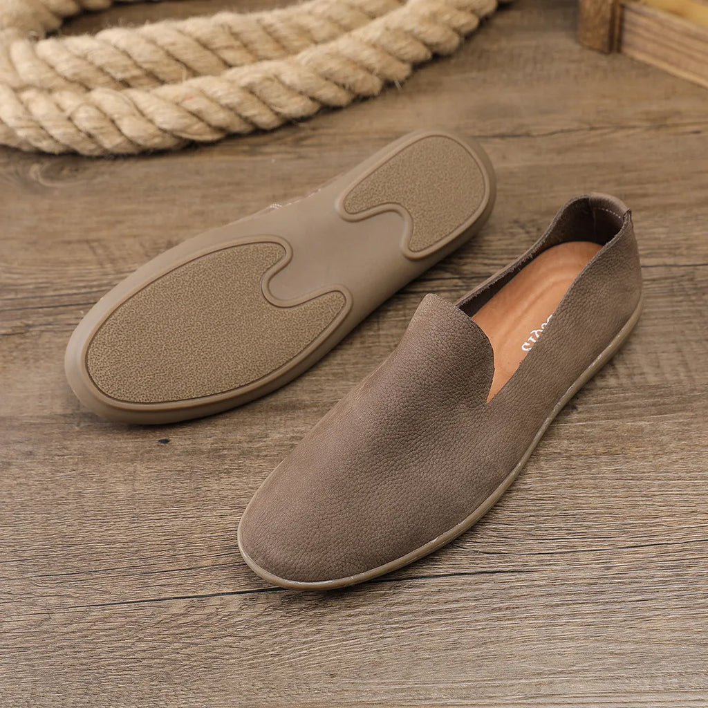 Handmade men's casual shoes in khaki with wedge heel and rubber sole