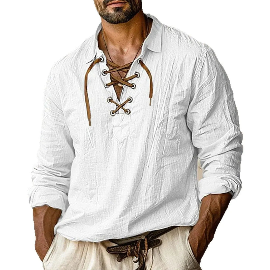 Men's loose fit long sleeve linen blend shirt in blue with a lapel collar, laid flat.