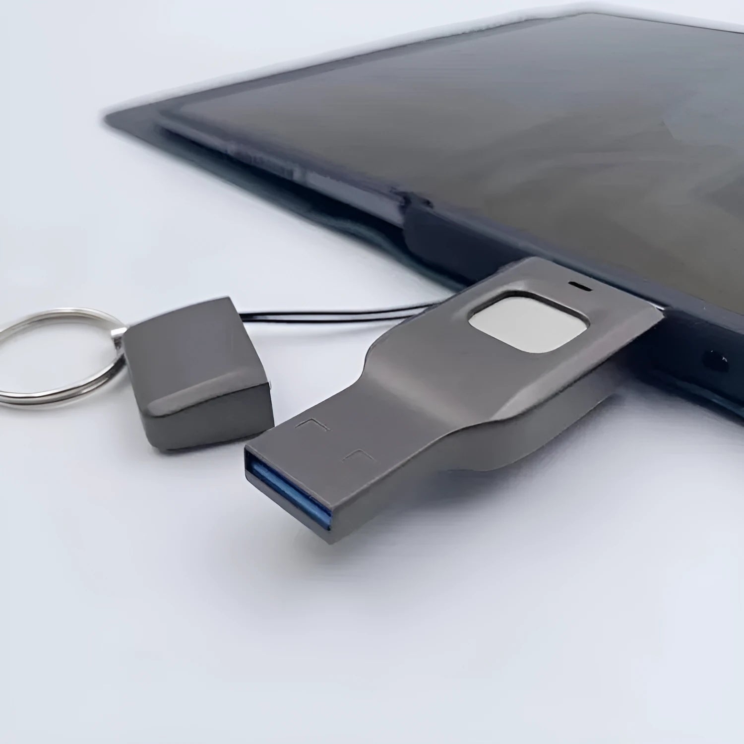 Black and silver grey metal fingerprint encrypted USB flash drive with USB-C and USB 3.0 ports.