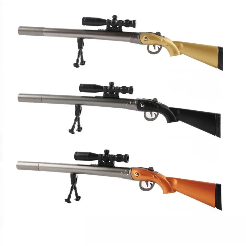 Chicken 98K Sniper Rifle shaped plastic gel pen with 0.5mm tip shown next to Ace Agent Black and Blue ink options.