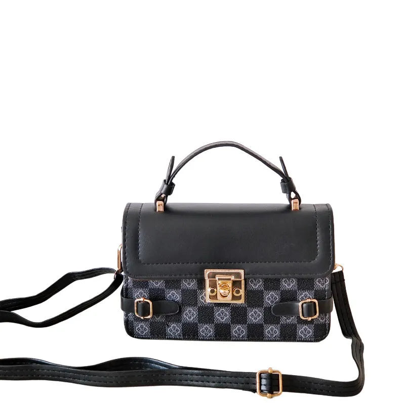 Square ethnic crossbody bag with floral stitching and plaid pattern design