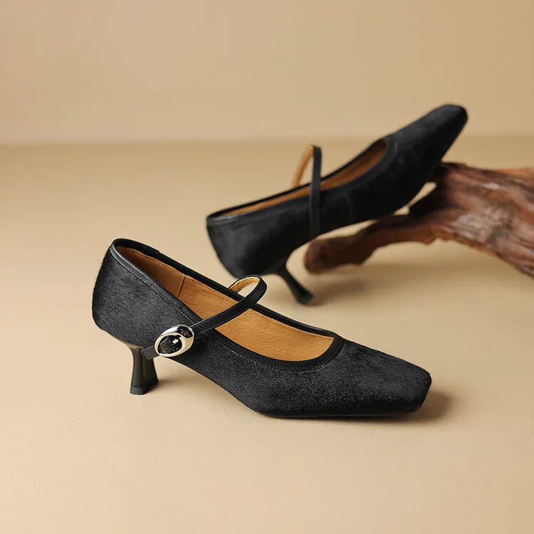 Women's black square toe stiletto ankle-strap shoes with horse hair upper and buckle closure