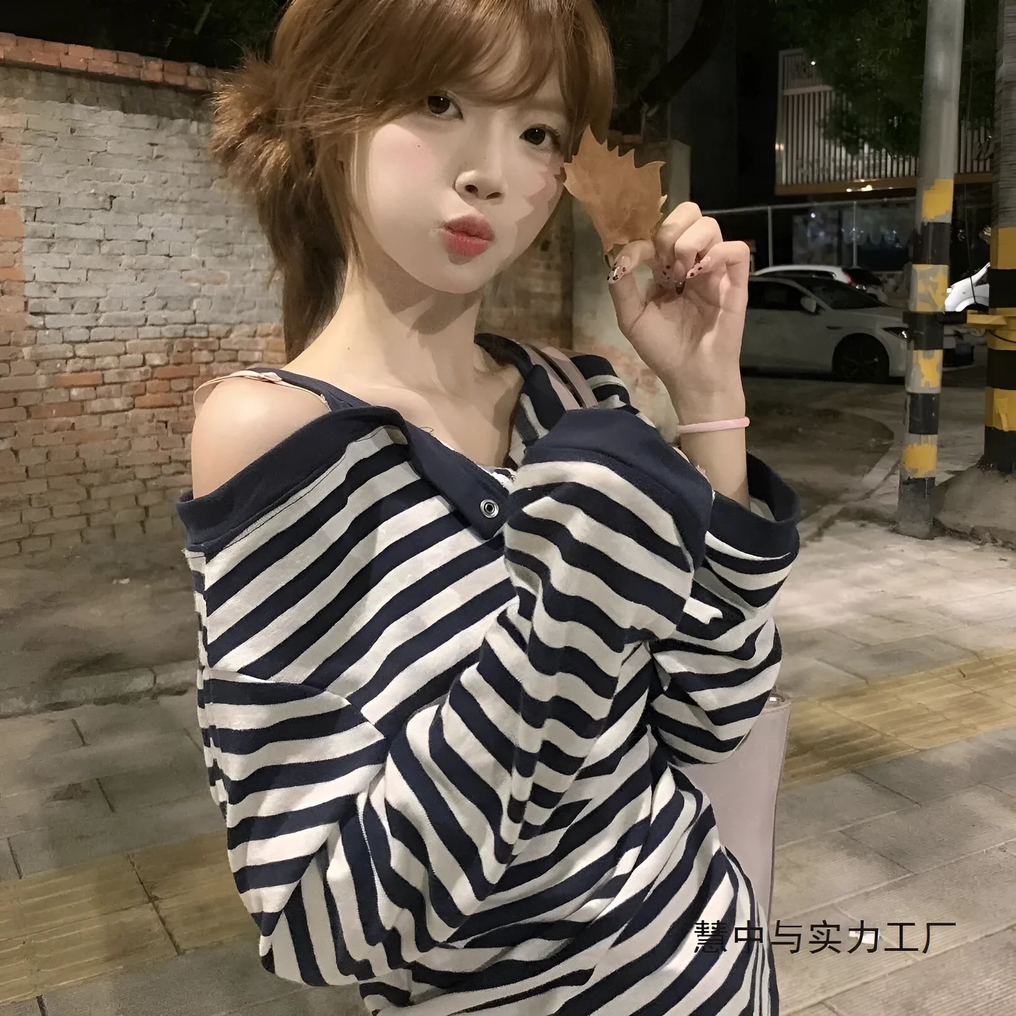 Dark blue Korean-style oversized women's long sleeve t-shirt with stripes and embroidery