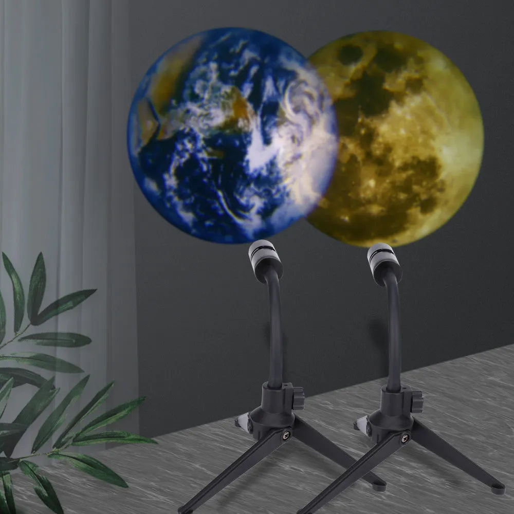 Earth and moon projection lamp with adjustable hose bracket on USB cable