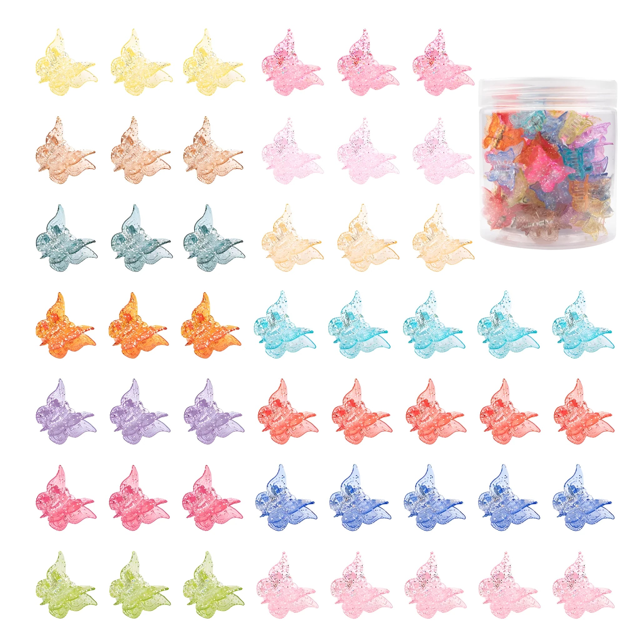 Set of 50 glitter mini butterfly hair claw clips in assorted colours on white background