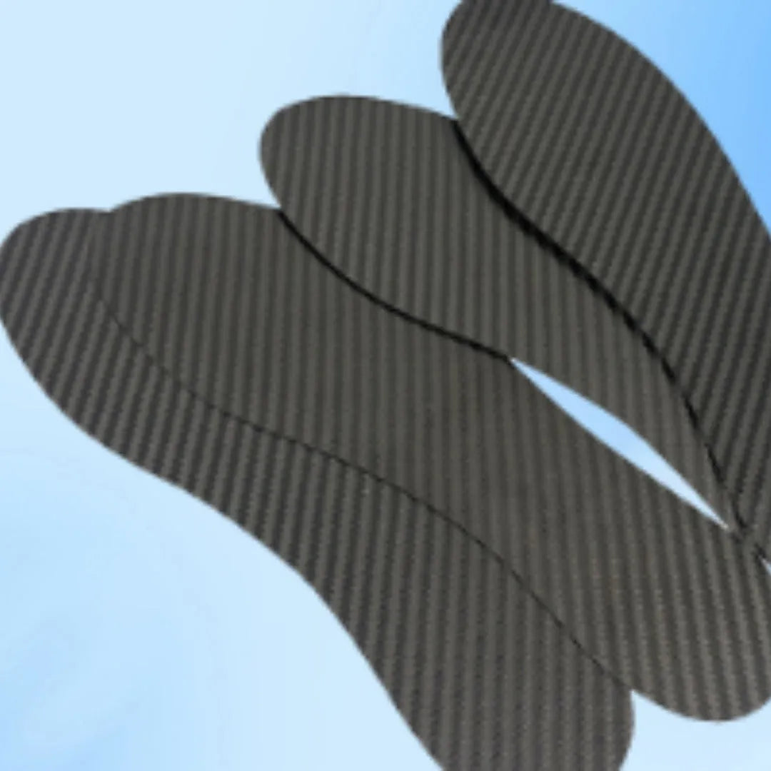 Black 3K carbon fibre running insoles showing full palm construction and three thickness options