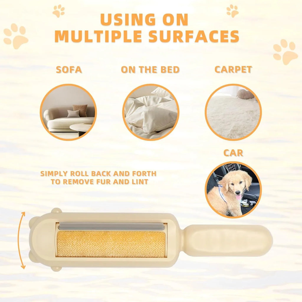 Blue pet hair remover roller with self-cleaning base for furniture and car seats