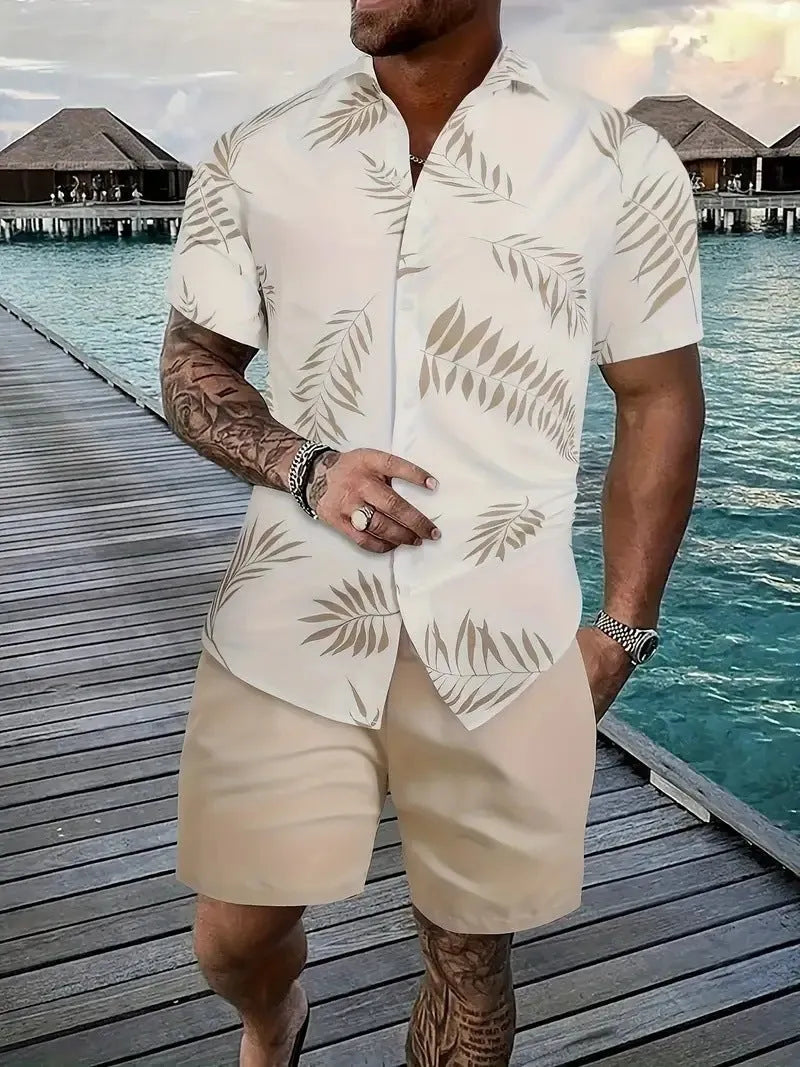 Men's 3D printed Hawaiian style short sleeve lounge suit with matching shorts on a mannequin
