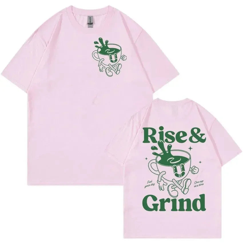 Man wearing a loose-fit linen t-shirt with a 'Rise And Grind Green Coffee Fun Expression Bag' cartoon graphic print.