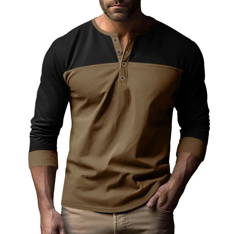 Men's long sleeve T-shirt with Henry collar in beaded twill fabric