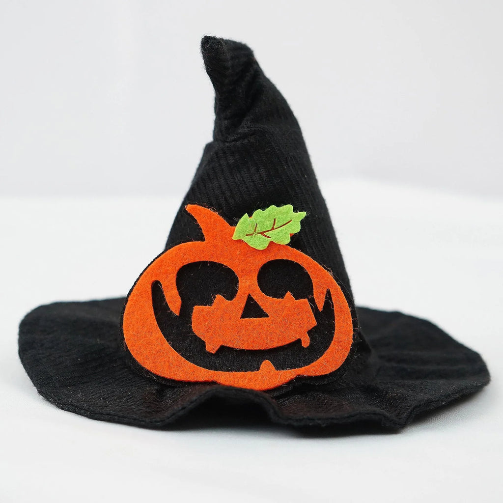 Black polyester Halloween pet hat, size M, 16.5cm diameter, 13.5cm height, pumpkin and bat designs